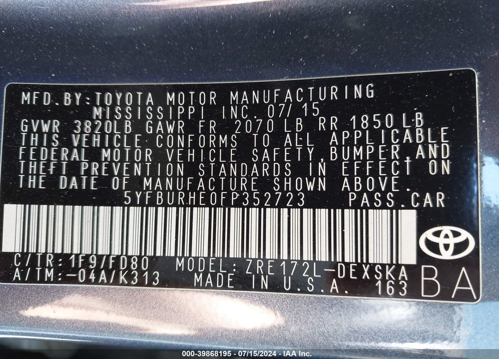 2015 TOYOTA COROLLA S PLUS VIN: 5YFBURHE0FP352723
