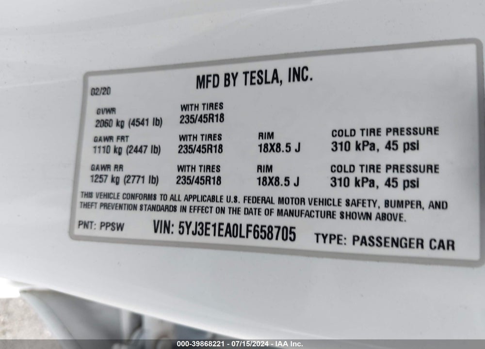 2020 TESLA MODEL 3 STANDARD RANGE PLUS REAR-WHEEL DRIVE/STANDARD RANGE REAR-WHEEL DRIVE VIN: 5YJ3E1EA0LF658705