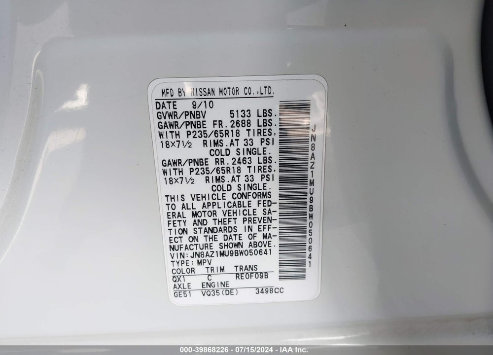 2011 NISSAN MURANO SL VIN: JN8AZ1MU9BW050641