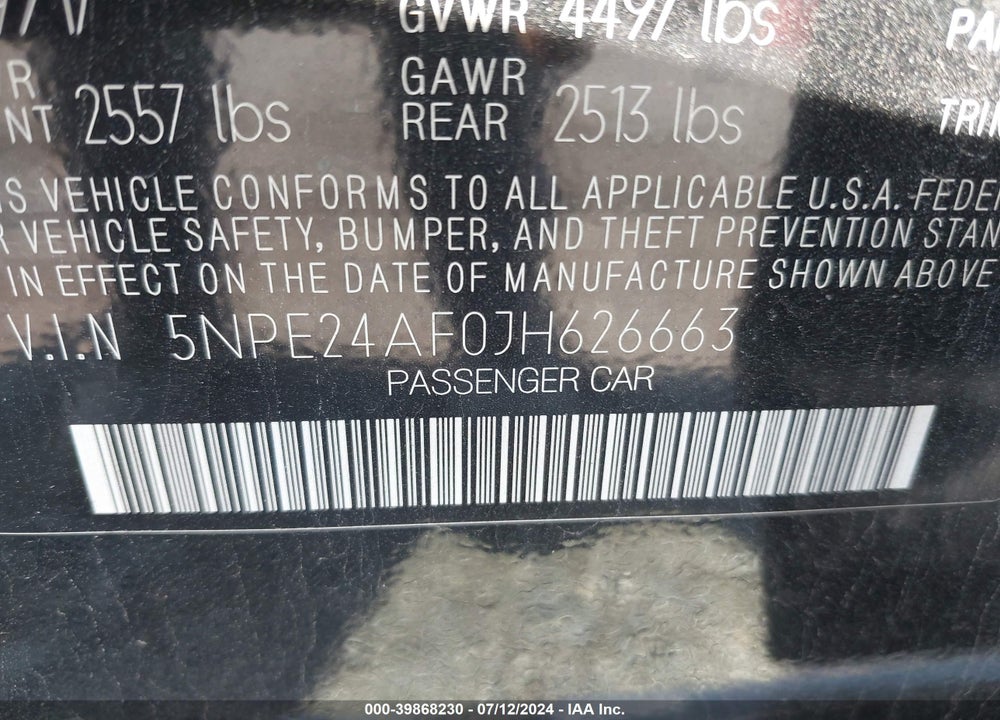 2018 HYUNDAI SONATA SE VIN: 5NPE24AF0JH626663