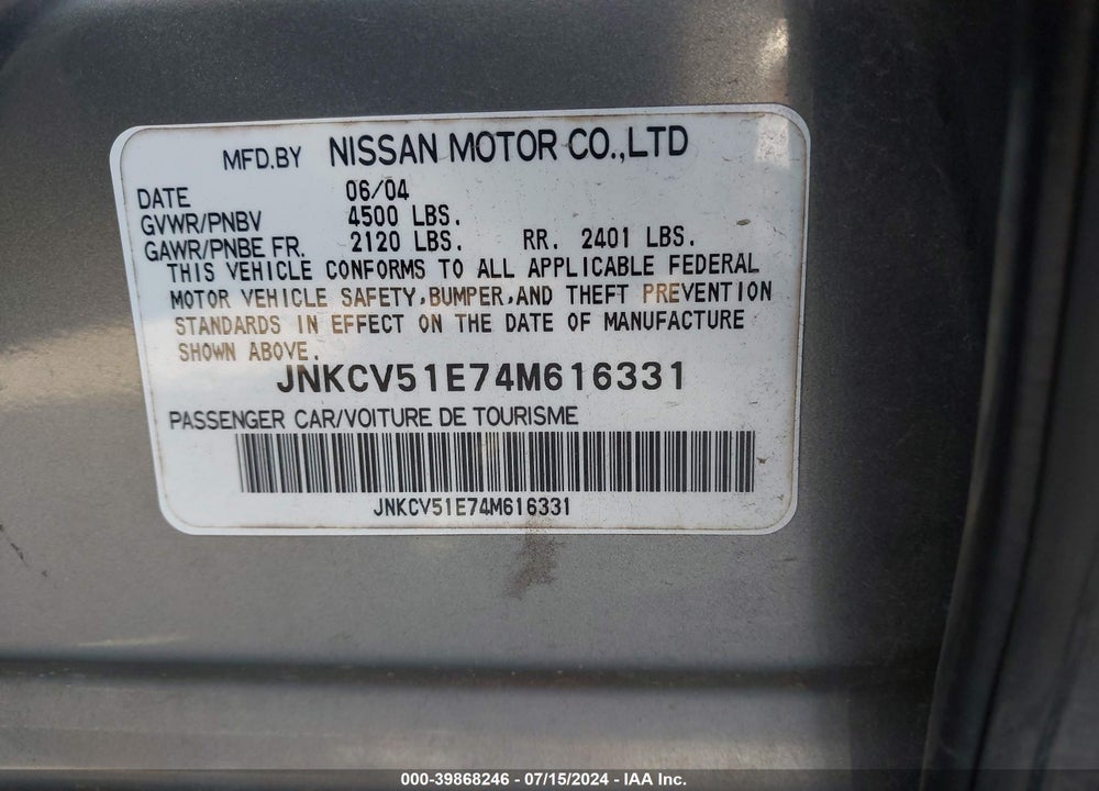 2004 INFINITI G35 VIN: JNKCV51E74M616331
