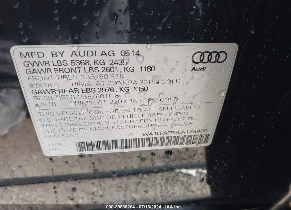 2014 AUDI Q5 2.0T PREMIUM VIN: WA1LFAFP3EA123860