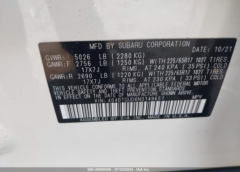 2022 SUBARU OUTBACK WILDERNESS VIN: 4S4BTGUD6N3149651