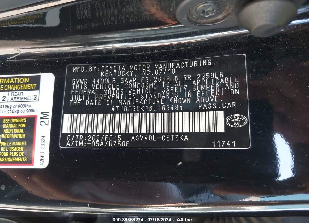2011 TOYOTA CAMRY SE VIN: 4T1BF3EK1BU165484
