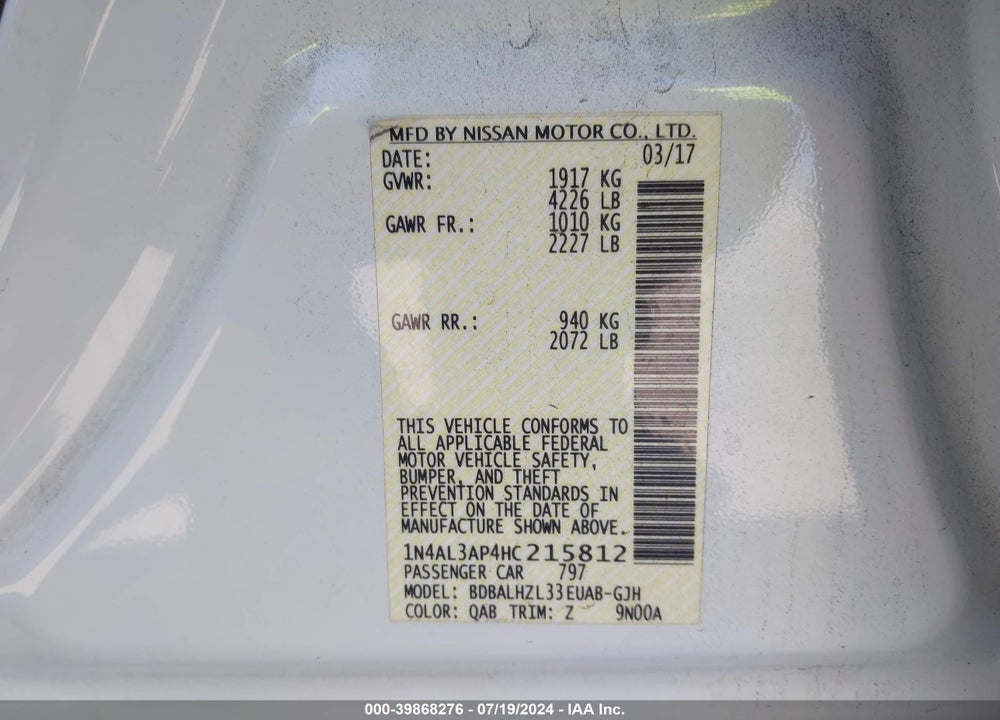 2017 NISSAN ALTIMA 2.5 SR VIN: 1N4AL3AP4HC215812