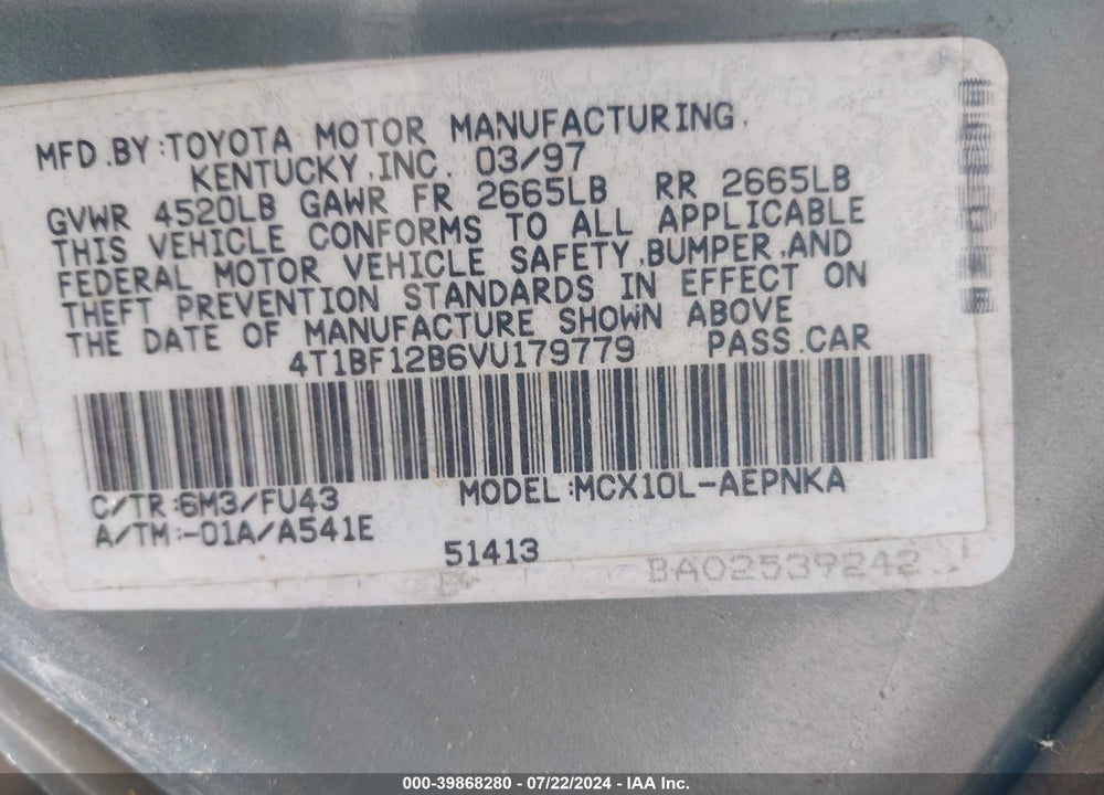 1997 TOYOTA AVALON XL VIN: 4T1BF12B6VU179779