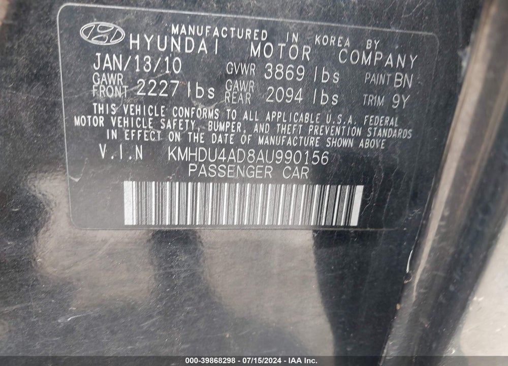 2010 HYUNDAI ELANTRA GLS VIN: KMHDU4AD8AU990156