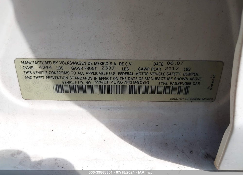 2007 VOLKSWAGEN JETTA WOLFSBURG EDITION VIN: 3VWEF71K67M196060