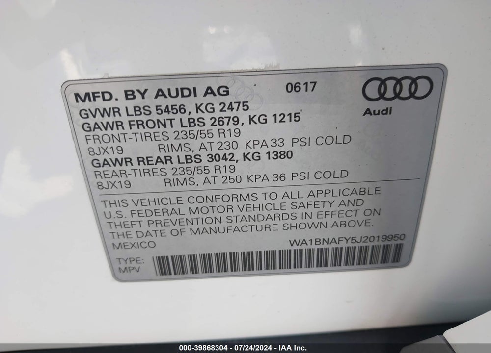 2018 AUDI Q5 VIN: WA1BNAFY5J2019950
