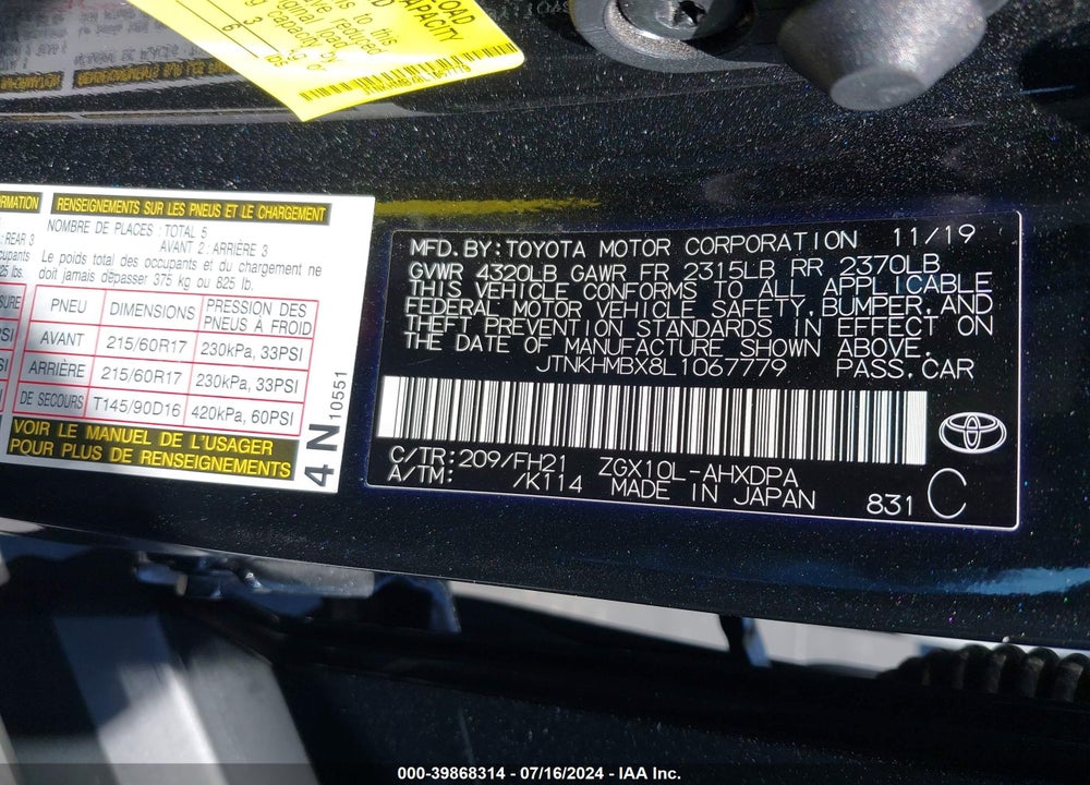 2020 TOYOTA C-HR LE VIN: JTNKHMBX8L1067779