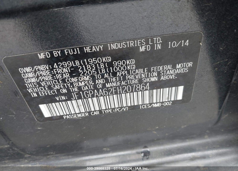 2015 SUBARU IMPREZA 2.0I VIN: JF1GPAA62FH207864