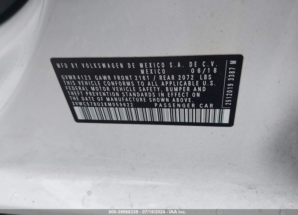 2019 VOLKSWAGEN JETTA 1.4T R-LINE/1.4T S/1.4T SE VIN: 3VWC57BU2KM059622