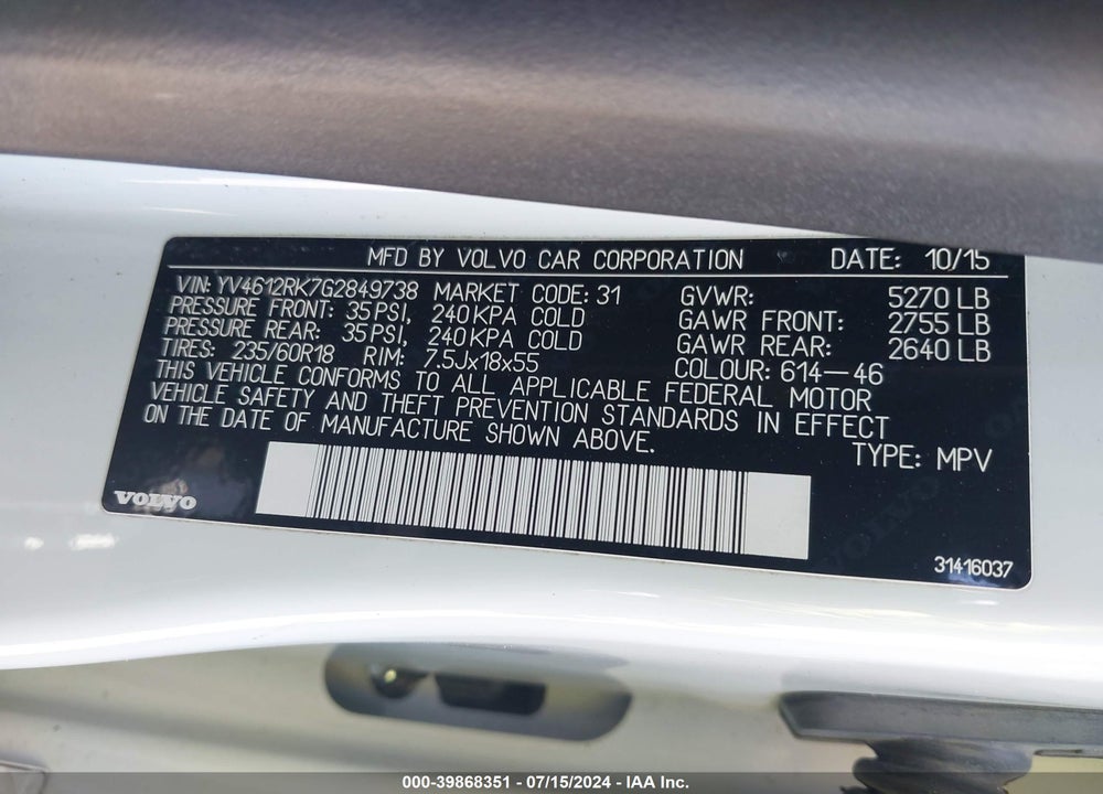 2016 VOLVO XC60 T5 PREMIER VIN: YV4612RK7G2849738