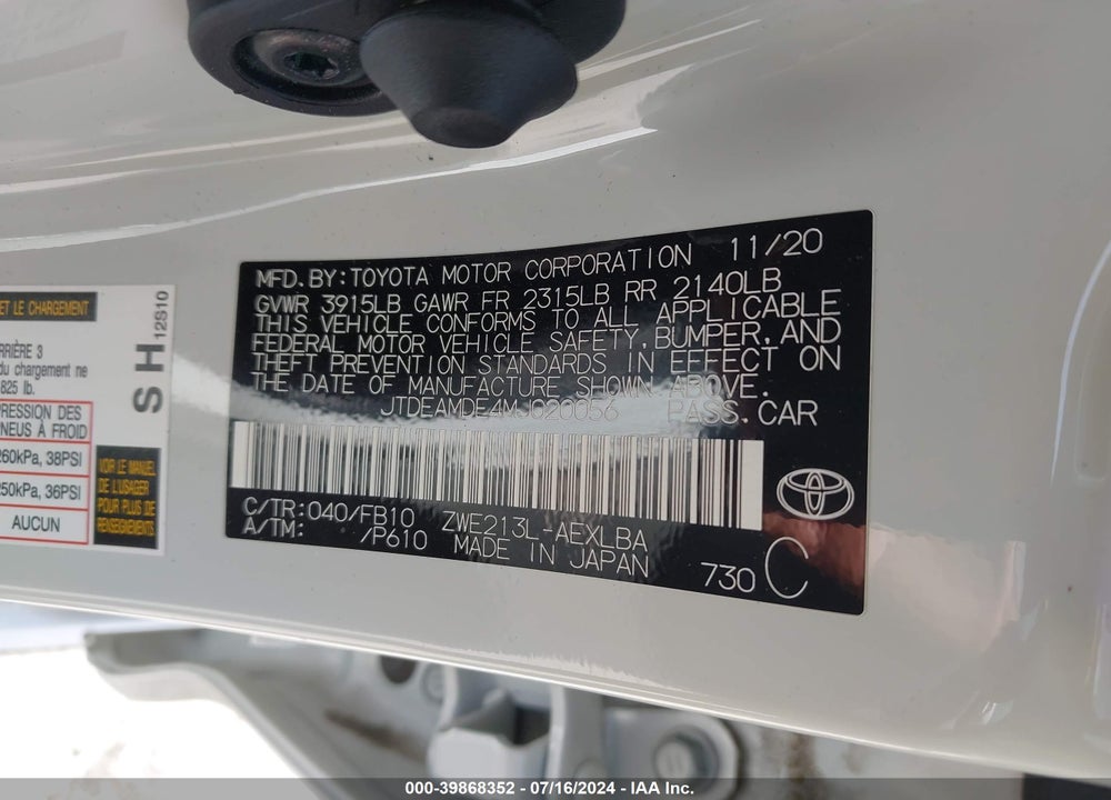 2021 TOYOTA COROLLA HYBRID LE VIN: JTDEAMDE4MJ020056