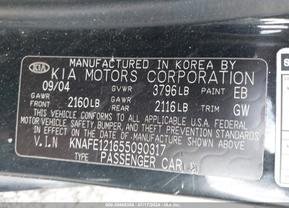 2005 KIA SPECTRA EX/LX/SX VIN: KNAFE121655090317