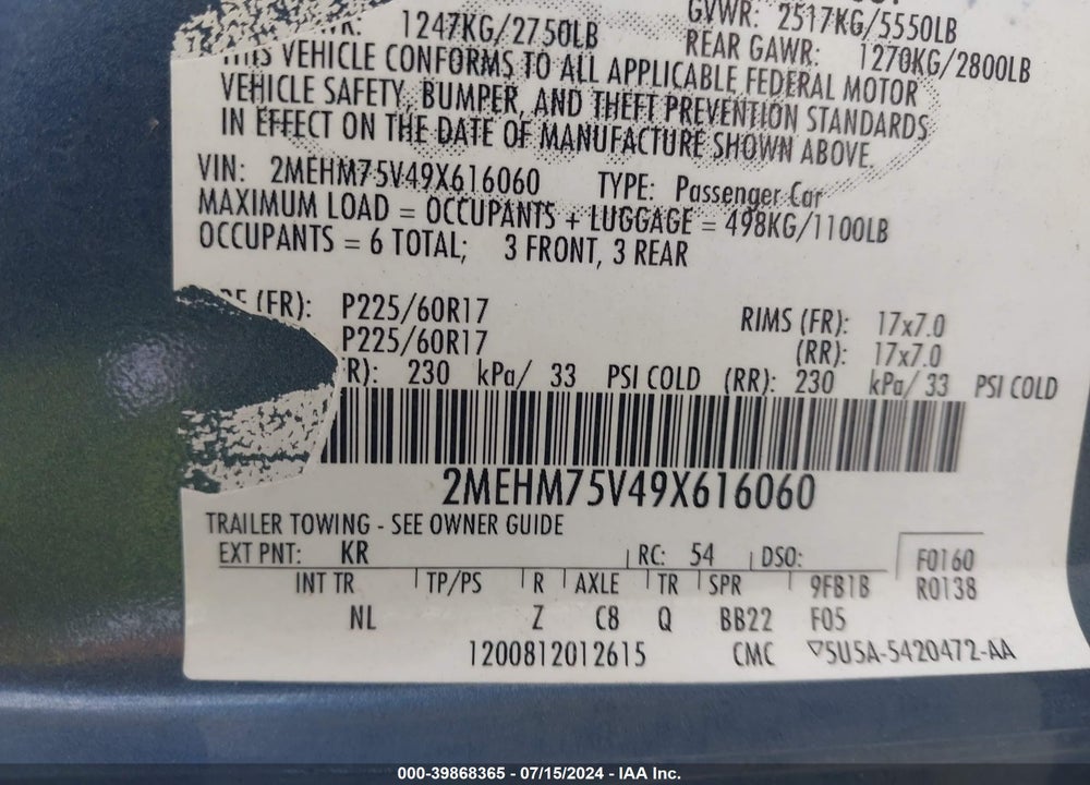 2009 MERCURY GRAND MARQUIS LS (FLEET ONLY) VIN: 2MEHM75V49X616060