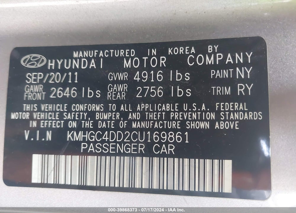 2012 HYUNDAI GENESIS 3.8 VIN: KMHGC4DD2CU169861