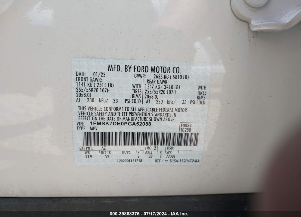 2023 FORD EXPLORER XLT VIN: 1FMSK7DH0PGA52088