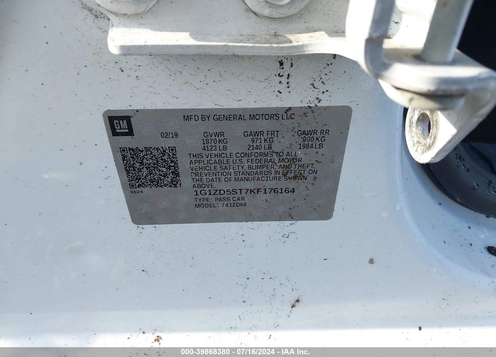 2019 CHEVROLET MALIBU LT VIN: 1G1ZD5ST7KF176164