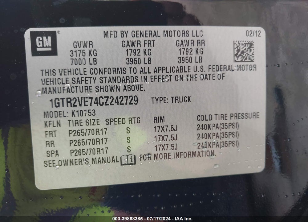 2012 GMC SIERRA 1500 SLE VIN: 1GTR2VE74CZ242729