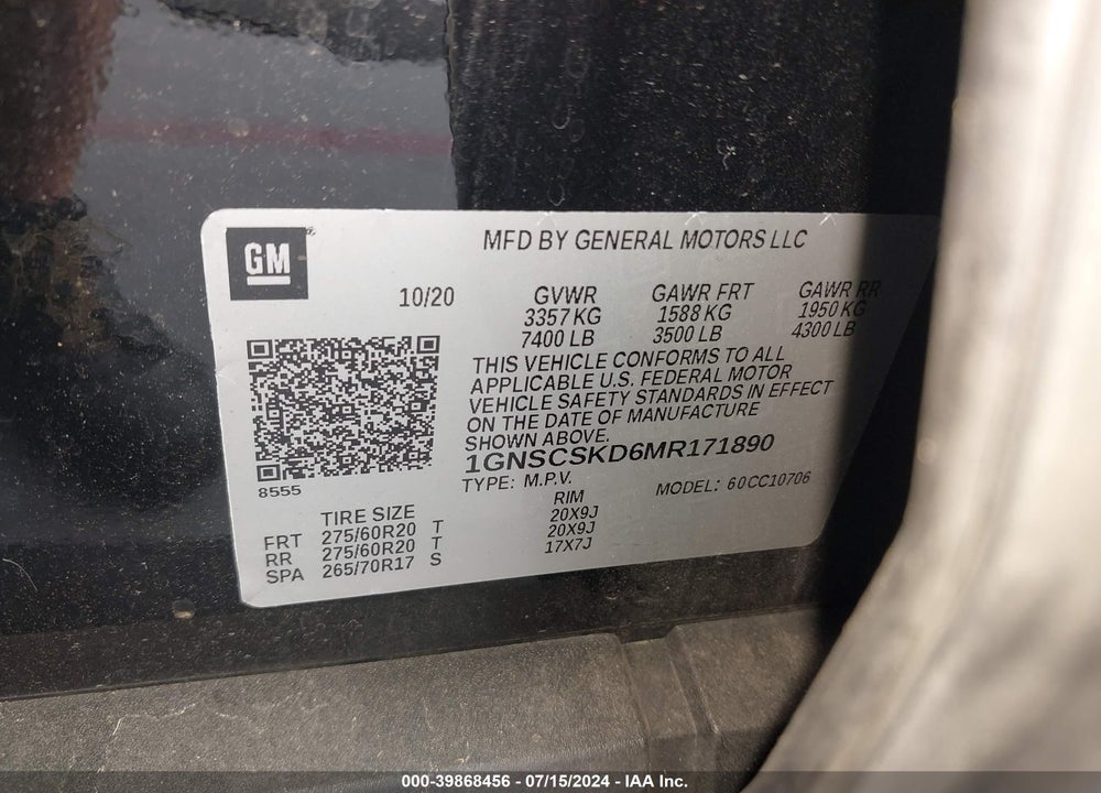 2021 CHEVROLET TAHOE 2WD PREMIER VIN: 1GNSCSKD6MR171890