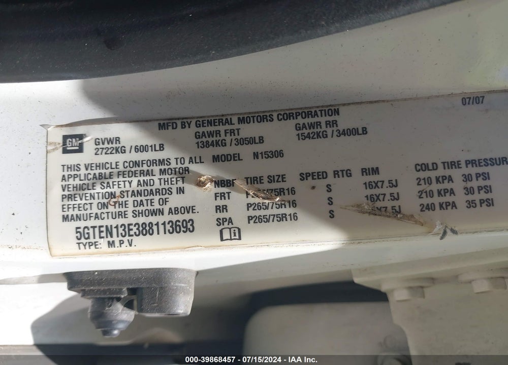 2008 HUMMER H3 SUV VIN: 5GTEN13E388113693