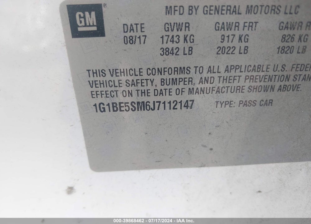 2018 CHEVROLET CRUZE LT AUTO VIN: 1G1BE5SM6J7112147