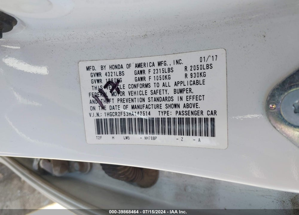 2017 HONDA ACCORD SPORT VIN: 1HGCR2F53HA142514