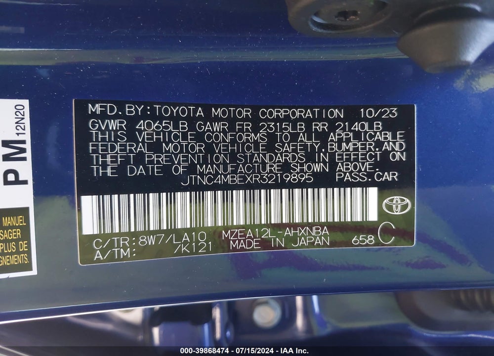 2024 TOYOTA COROLLA XSE VIN: JTNC4MBEXR3219895