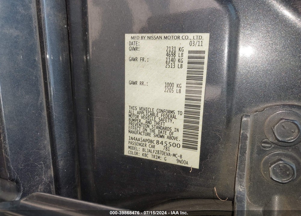 2011 NISSAN MAXIMA 3.5 SV VIN: 1N4AA5AP0BC845500