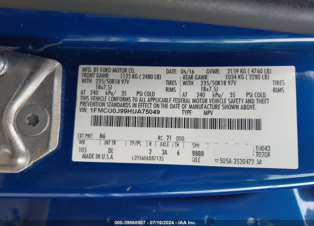 2017 FORD ESCAPE TITANIUM VIN: 1FMCU0J99HUA75049