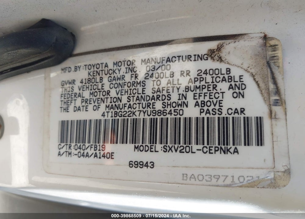 2000 TOYOTA CAMRY LE VIN: 4T1BG22K7YU986450