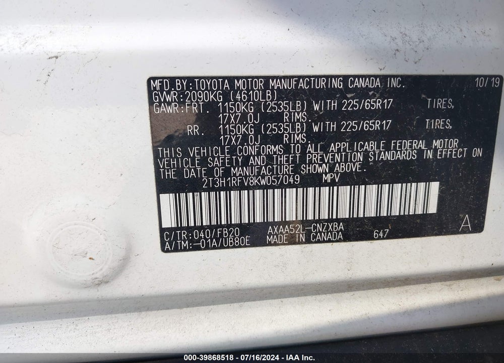 2019 TOYOTA RAV4 LE VIN: 2T3H1RFV8KW057049