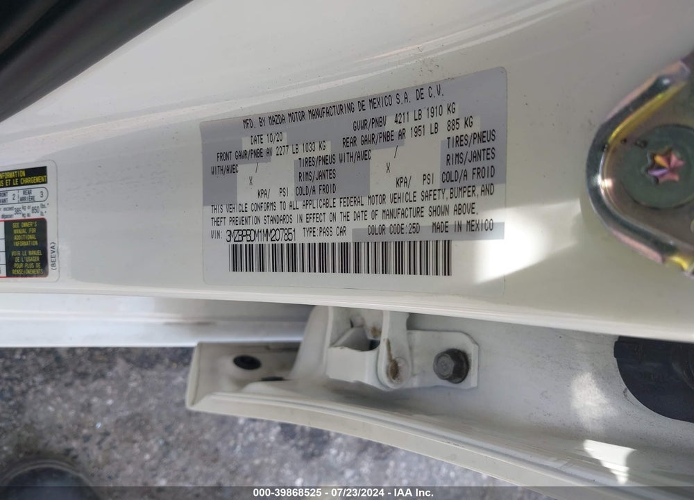 2021 MAZDA 3 PREMIUM VIN: 3MZBPBDM1MM207851