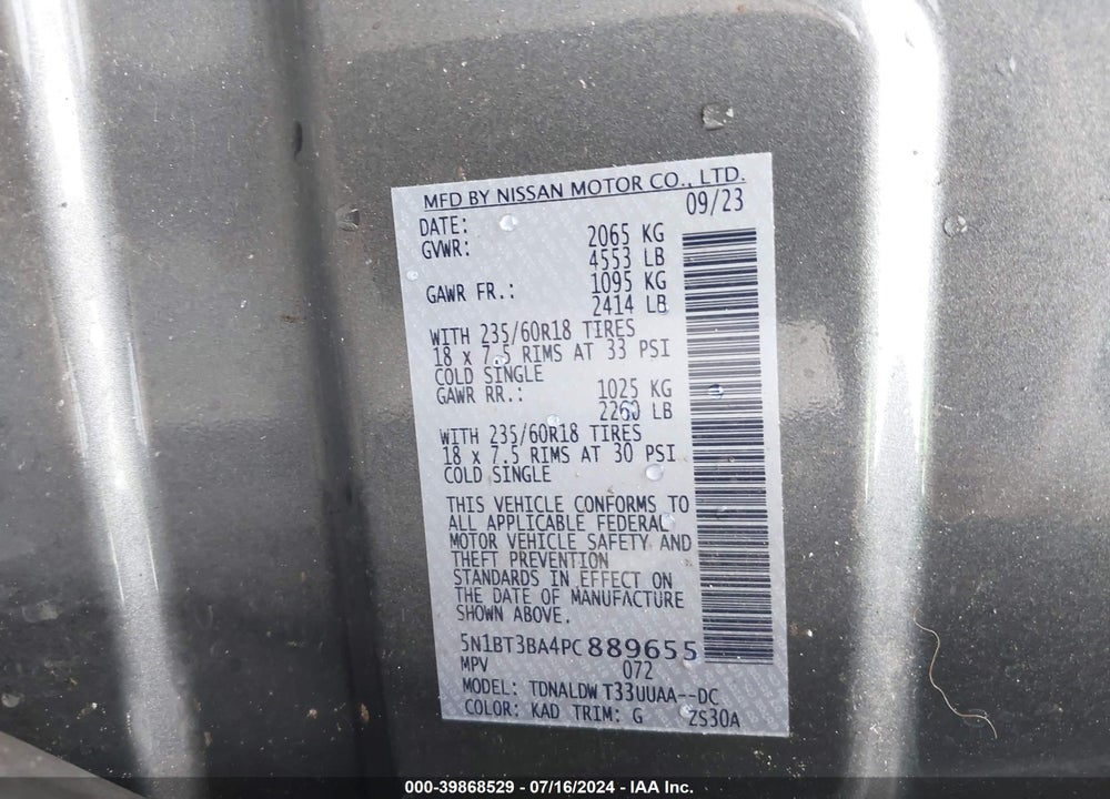 2023 NISSAN ROGUE SV FWD VIN: 5N1BT3BA4PC889655