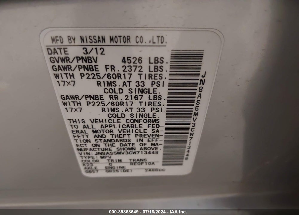 2012 NISSAN ROGUE SV VIN: JN8AS5MV3CW713448