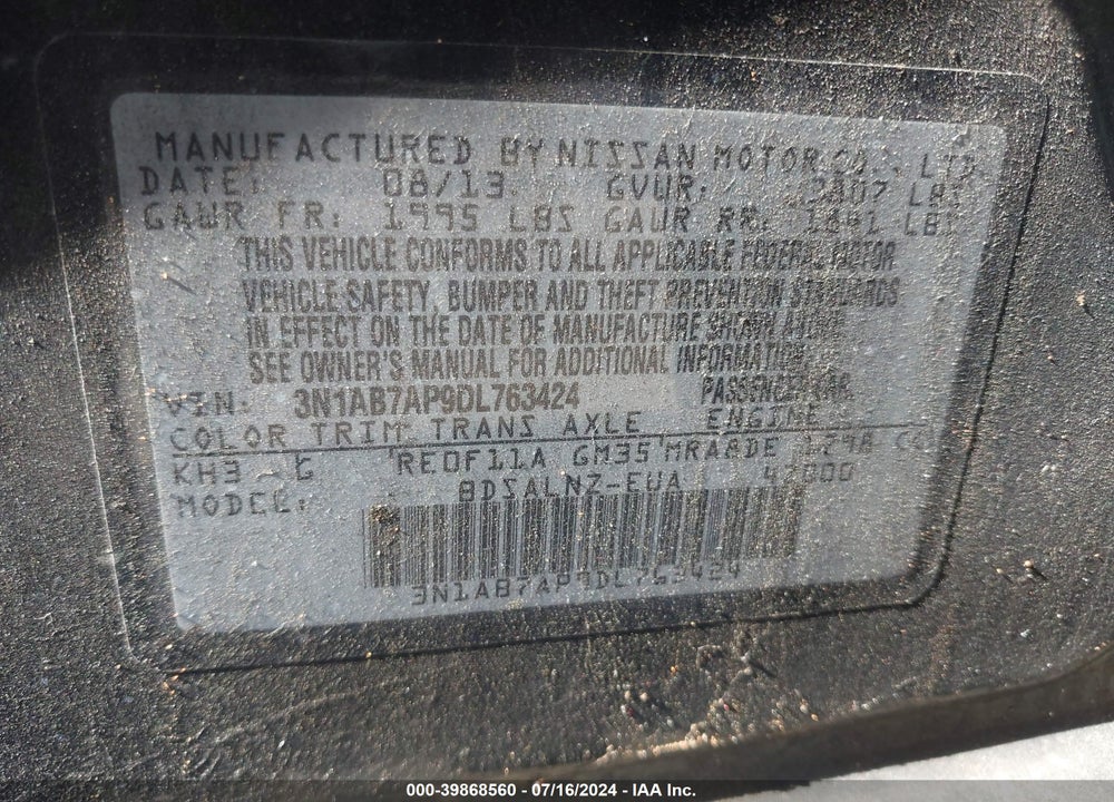 2013 NISSAN SENTRA FE+ SV VIN: 3N1AB7AP9DL763424