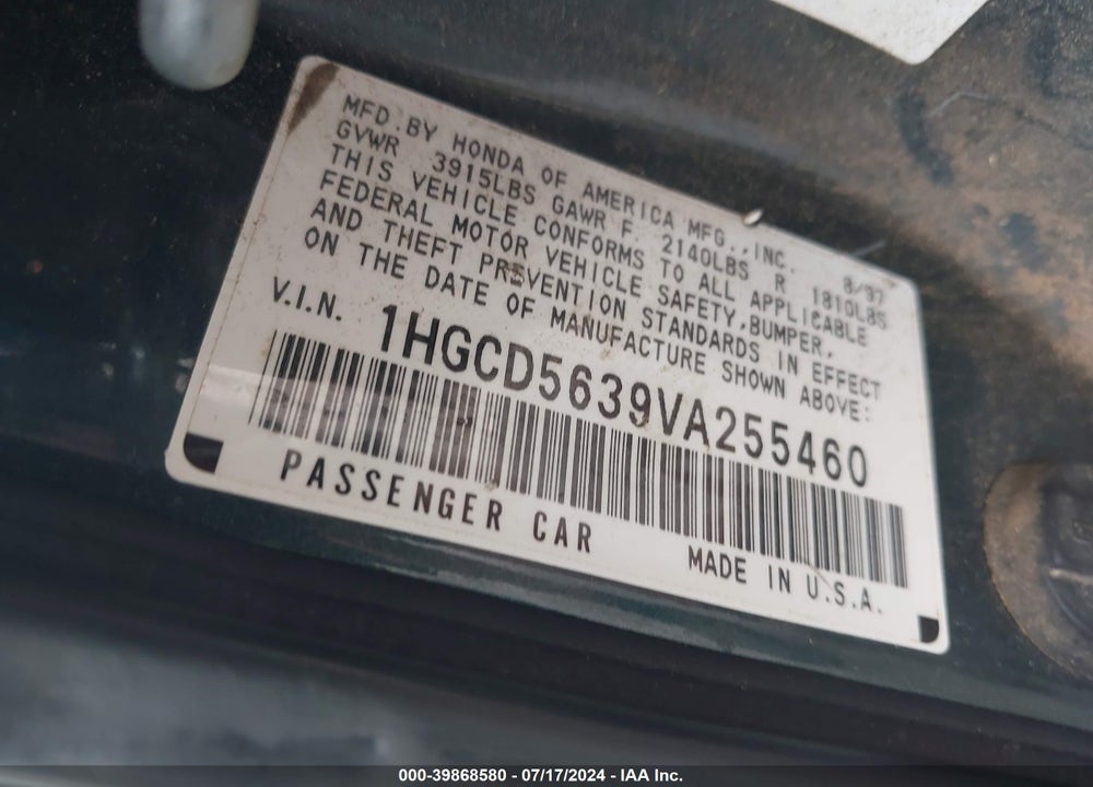 1997 HONDA ACCORD LX VIN: 1HGCD5639VA255460