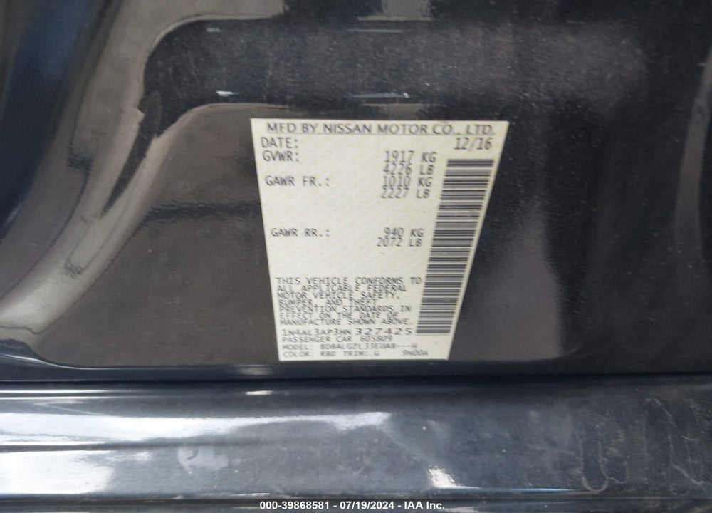 2017 NISSAN ALTIMA 2.5 S VIN: 1N4AL3AP3HN327425