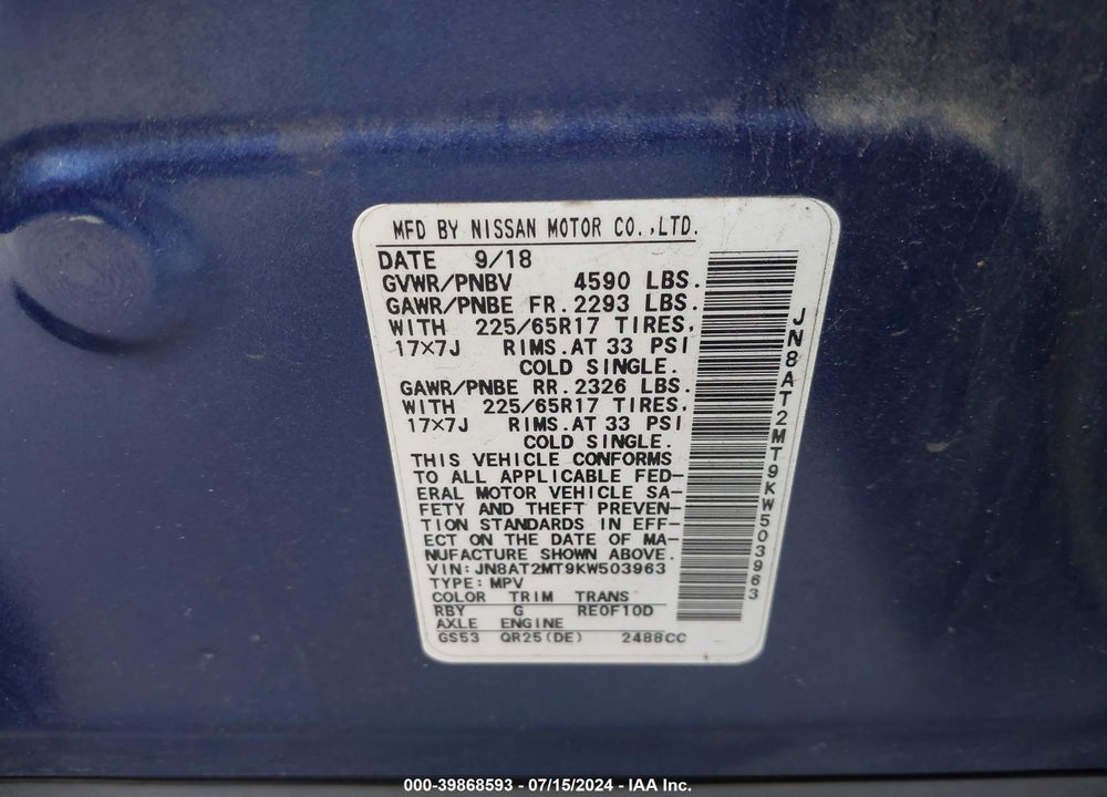 2019 NISSAN ROGUE SV VIN: JN8AT2MT9KW503963