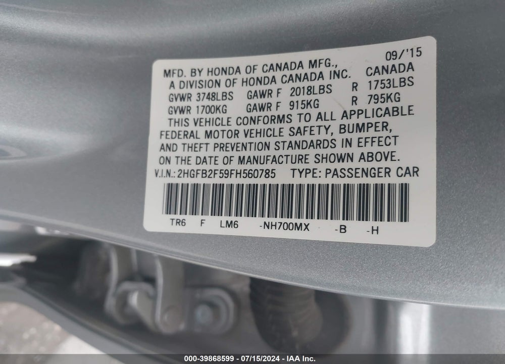 2015 HONDA CIVIC LX VIN: 2HGFB2F59FH560785