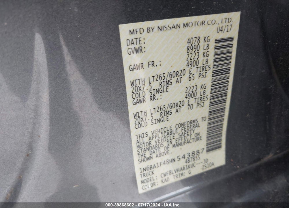 2017 NISSAN TITAN XD SL DIESEL VIN: 1N6BA1F48HN543887