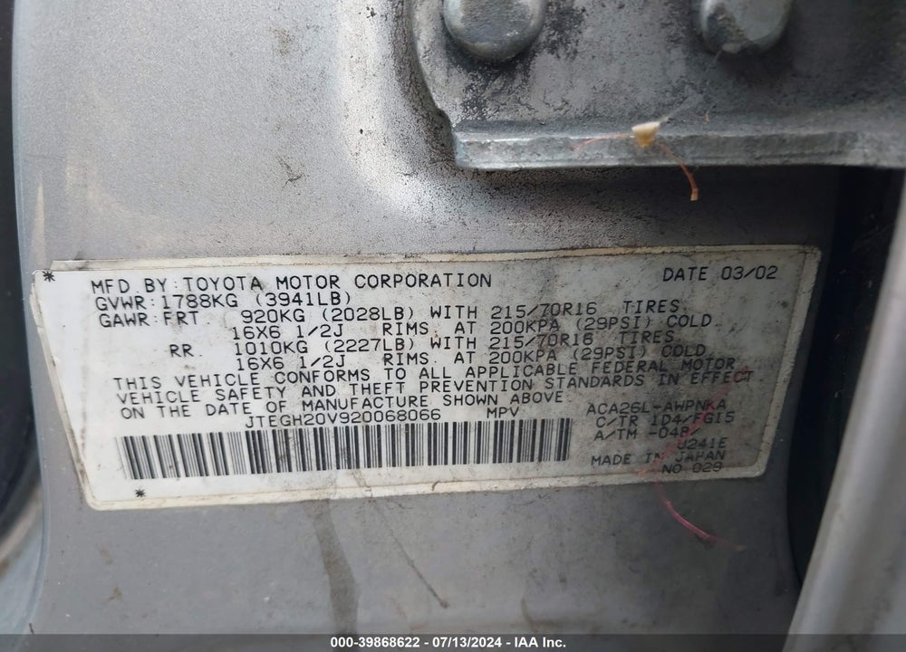 2002 TOYOTA RAV4 VIN: JTEGH20V920068066