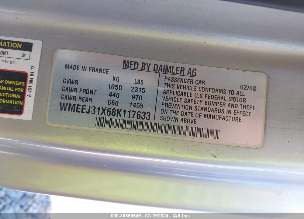 2008 SMART FORTWO PASSION/PURE VIN: WMEEJ31X68K117633