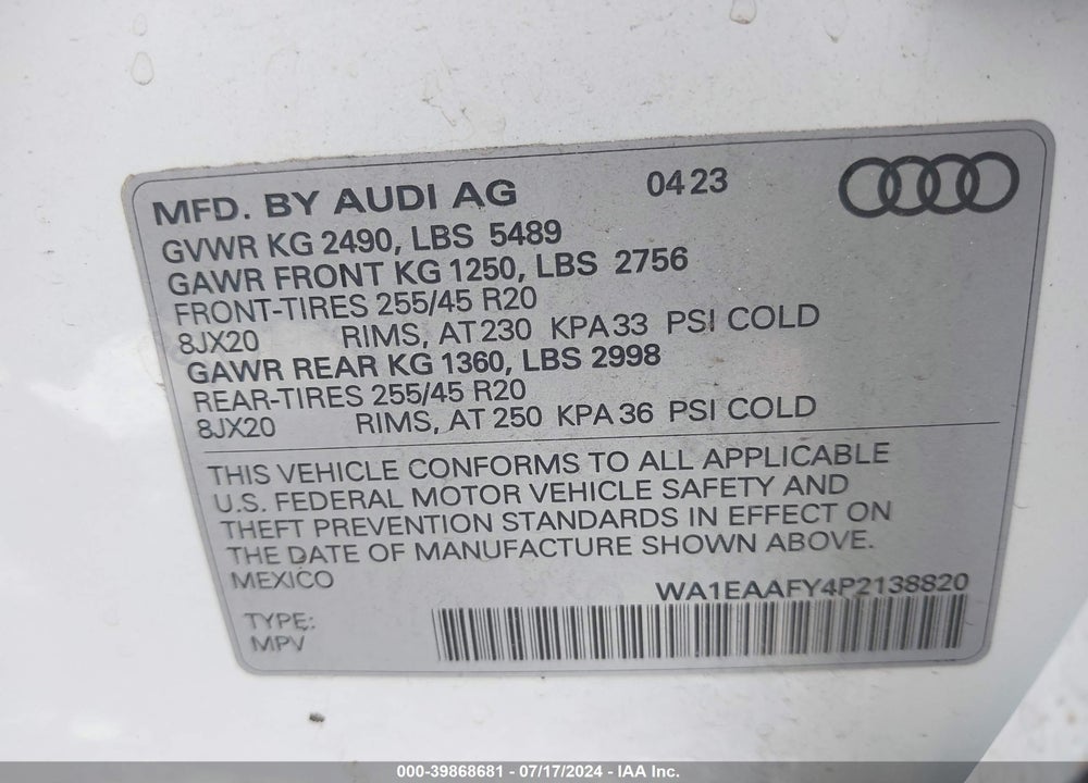 2023 AUDI Q5 PREMIUM PLUS 45 TFSI S LINE QUATTRO VIN: WA1EAAFY4P2138820
