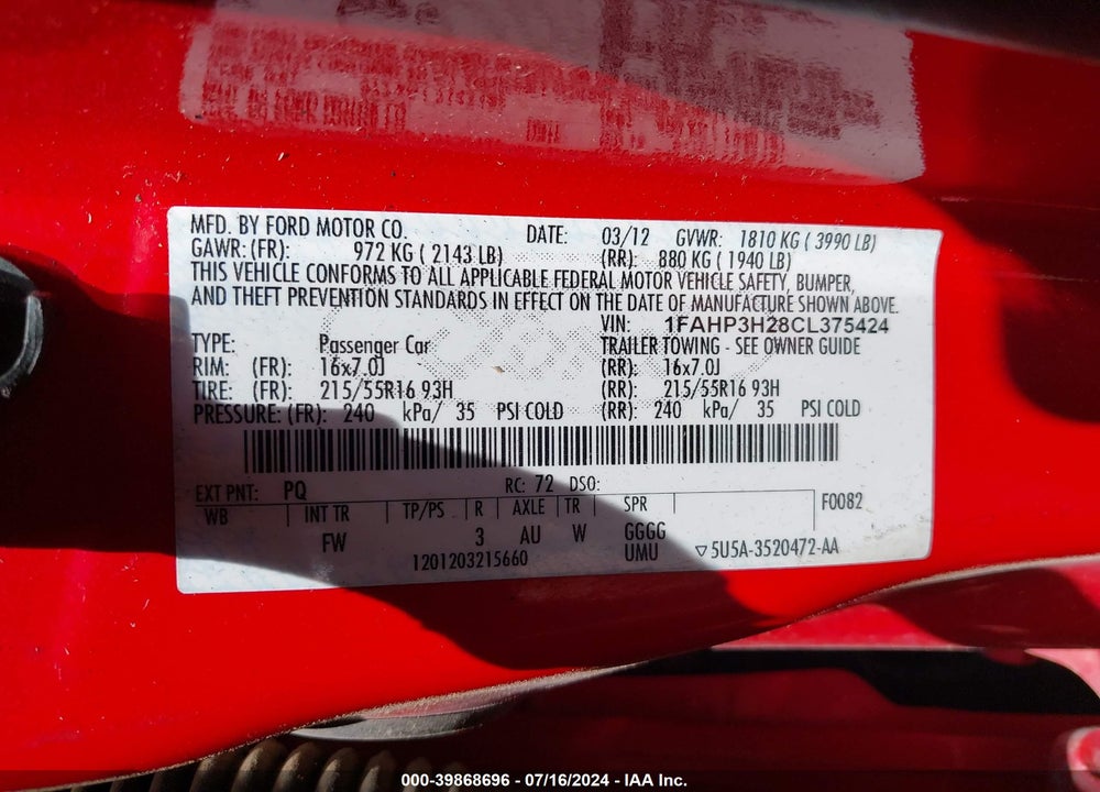 2012 FORD FOCUS SEL VIN: 1FAHP3H28CL375424