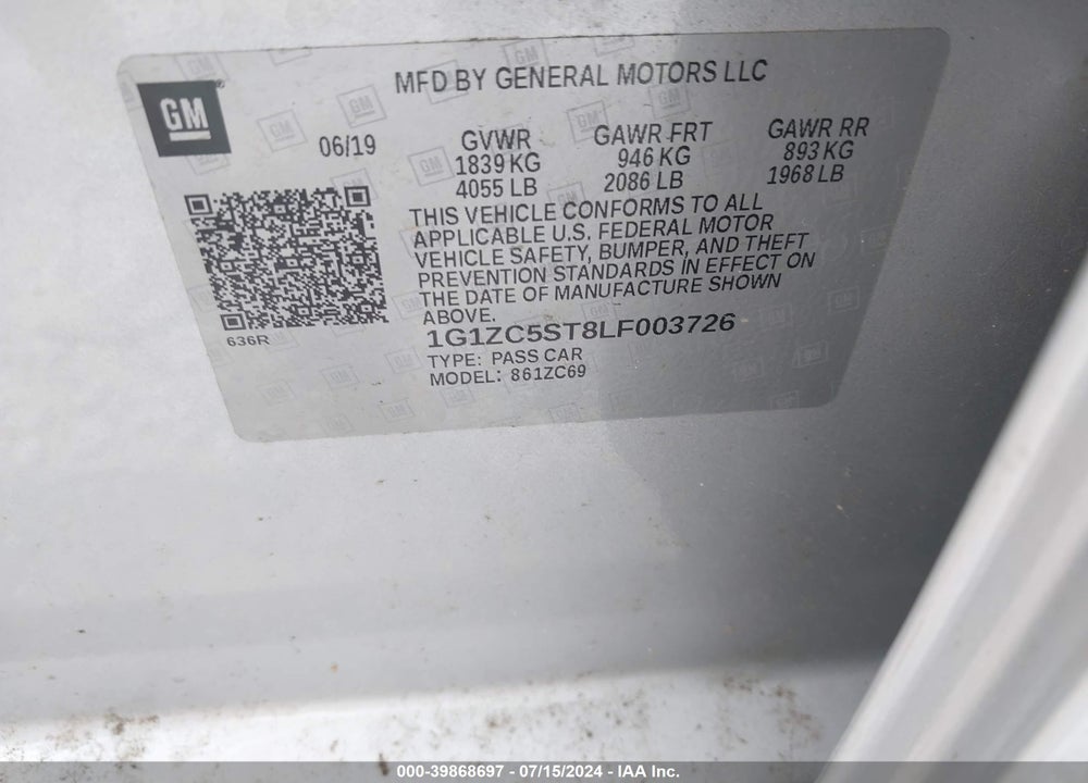2020 CHEVROLET MALIBU FWD 1FL VIN: 1G1ZC5ST8LF003726