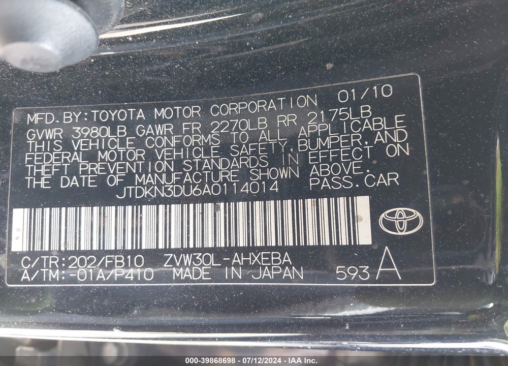2010 TOYOTA PRIUS II VIN: JTDKN3DU6A0114014