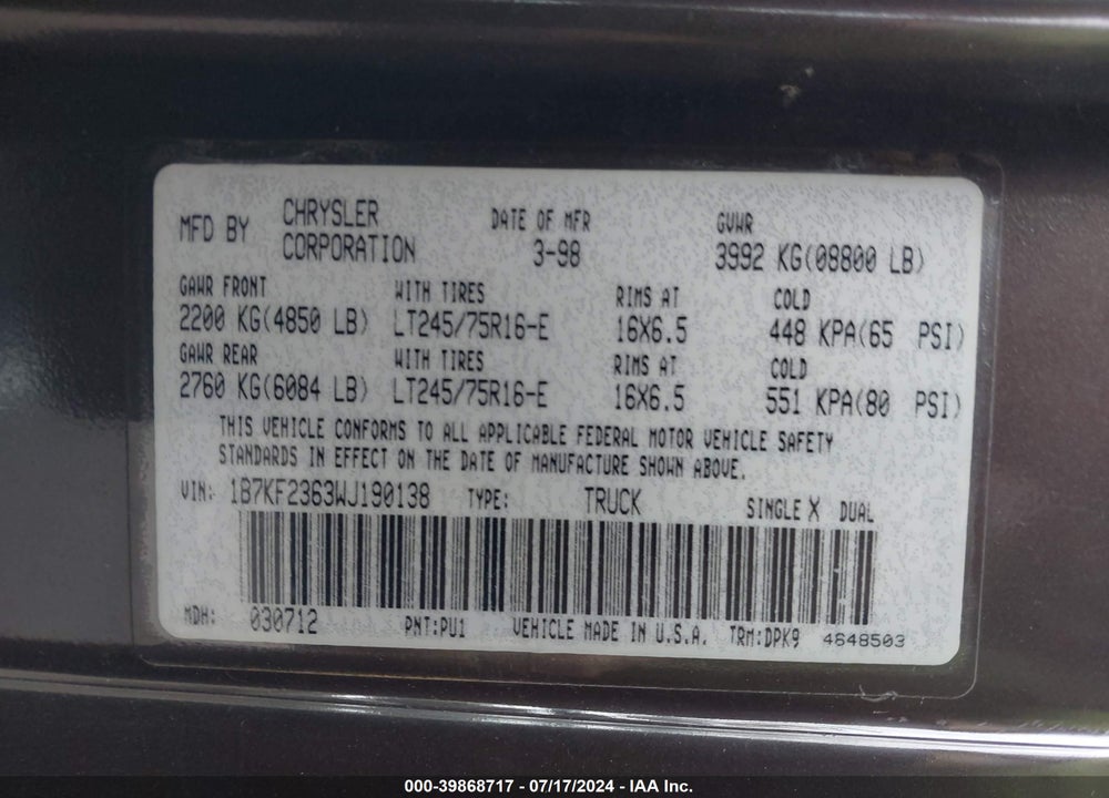 1998 DODGE RAM 2500 ST VIN: 1B7KF2363WJ190138
