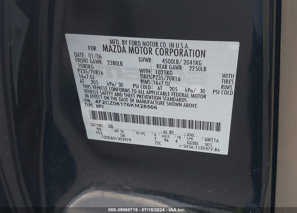 2006 MAZDA TRIBUTE S VIN: 4F2CZ06176KM28566